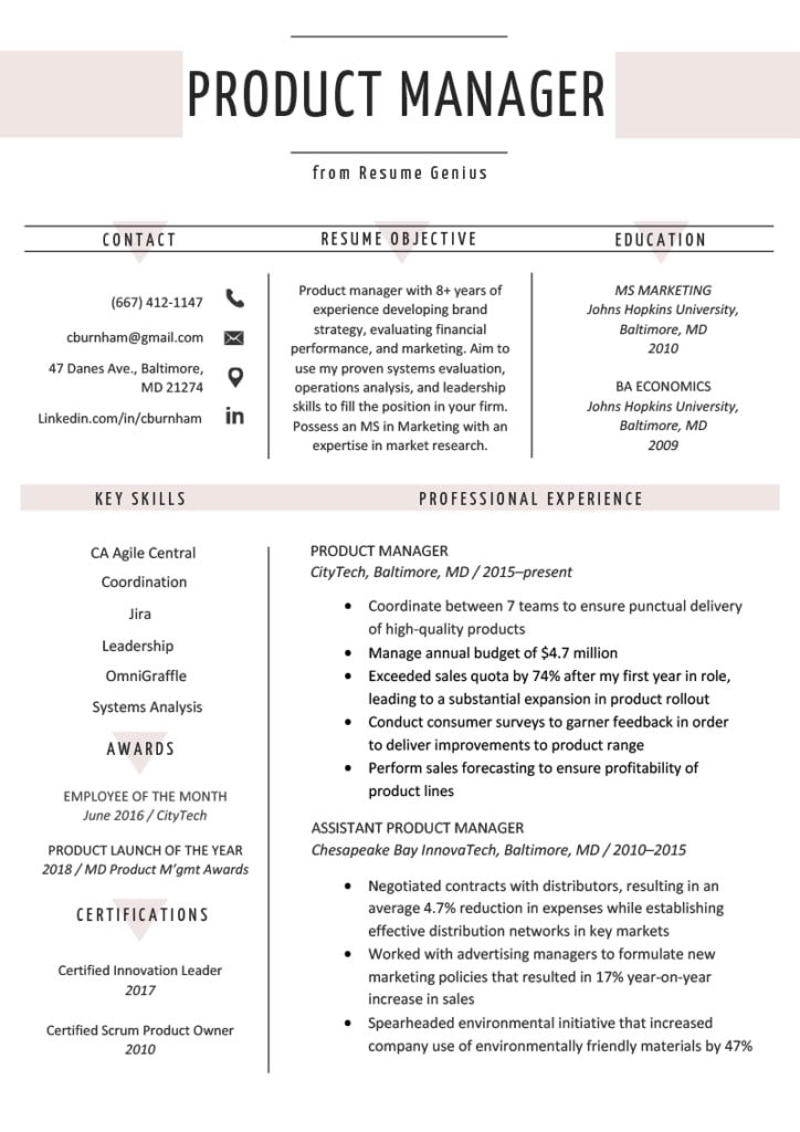 Product Manager Template from Resume Builder
